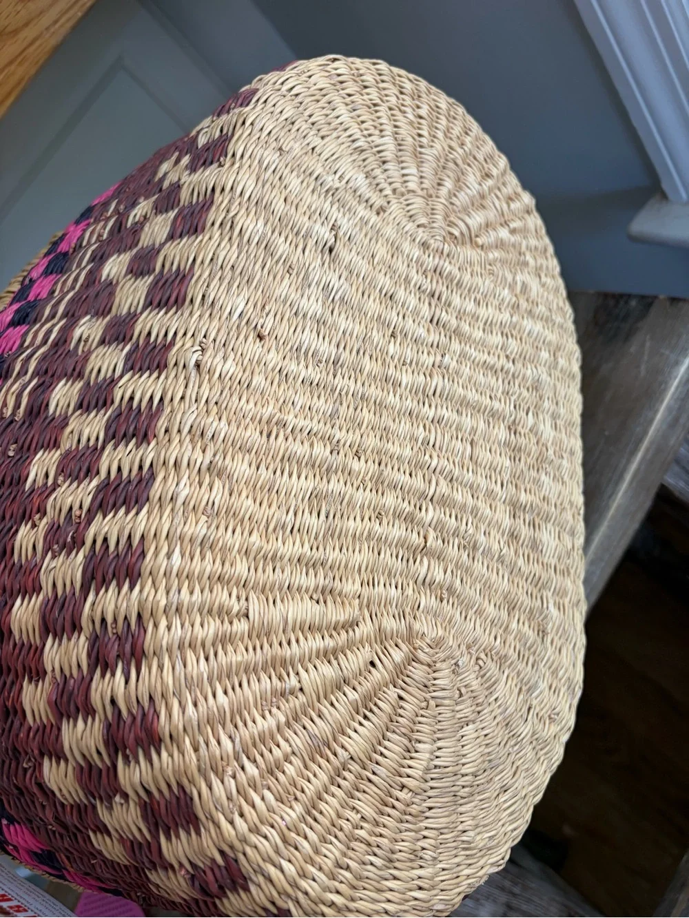 African Handwoven Ghanaian Straw Basket with Leather Handle pink red beige
